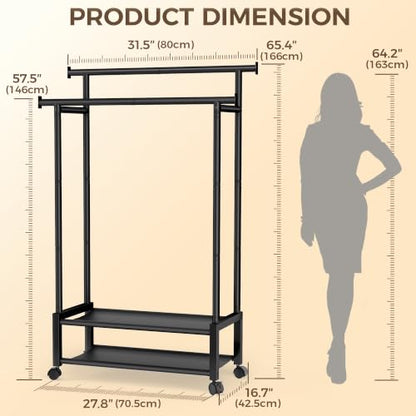 Double Rod Clothing Rack with 2 Shelves, Rolling, Black | All tools included, metal frame, 4 casters with 2 locking, for bedroom, laundry, and entryway - color: Black