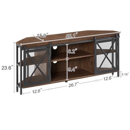 HOMISSUE Corner TV Stand for 55 Inch TV, Rustic Corner Entertainment Center with Storage, Industrial Media Console Table with Sliding Barn Door, Entertainment Center for Living Room, Brown - size: 23.6"H x 55.1" W x 15.9" D.