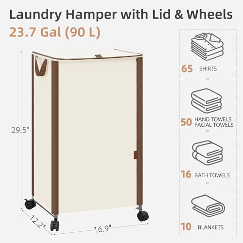 STORAGE MANIAC Rolling Laundry Hamper with Lid, 23.7 Gal (90 L) Large Tall Laundry Basket with Wheels & Handles, Aesthetic Dirty Clothes Hamper for Small Space, Dorm, Apartment, College, Beige - color: Beige