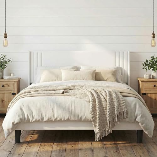 Gizoon Queen Bed Frame with Wingback Headboard, Upholstered Platform Bed | Bed Frame with Padded Headboard,Wooden Slats, Noise-Free, No Box Spring Needed, Easy Assembly,White - color: White, size: Queen