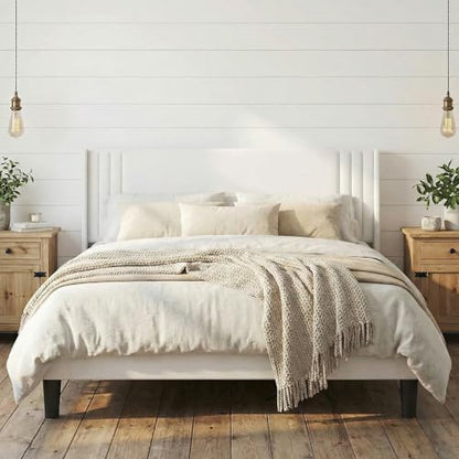 Gizoon Queen Bed Frame with Wingback Headboard, Upholstered Platform Bed | Bed Frame with Padded Headboard,Wooden Slats, Noise-Free, No Box Spring Needed, Easy Assembly,White - color: White, size: Queen