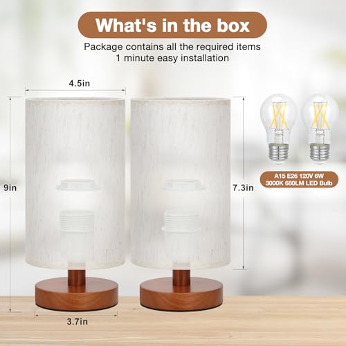 Desk Small Lamps Set of 2 (Cream Shade - Walnut Base, 9" Inline Control) | Two 3000K LED Blubs Included | 680 Lumens | Easy Assembly | Minimalist Design | E26 | for Kitchen | for Kids Room - color: Cream Shade - Walnut Base set of 2