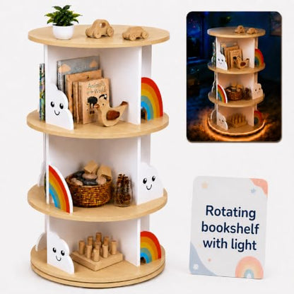pimlyo® Rotating Bookshelf Kids with Removable Light, Spinning Book Shelf for Kids Rooms for Toddler Kid Room Storage, Small Wooden Round White Tower Bookcase for Nursery Bedroom Playroom Rooms