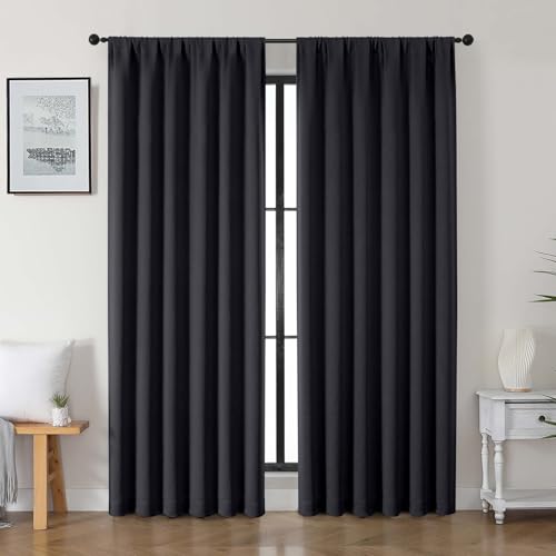 Gwine Black Blackout Curtains for Bedroom 84 inches Long 2 Panels Set, Solid Noise Reducing Thermal Insulated Blackout Curtains for Living Room with Rod Pocket, Each 50" Wx84 L - color: Black, size: 50"W x 84"L (Pack of 2)
