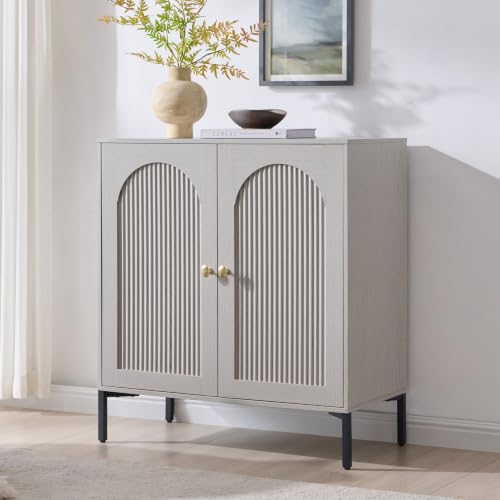 IFBUY 30.88" W Mid Century Modern TV Stands for Living Room, Light Grey | Wood Entertainment Center w/Adjustable Shelves, Media Console w/Arched Fluted Doors, Entryway Cabinet Fits 65, 70, 75 Inch TV - color: Light Grey, size: 15.75"D x 30.88"W x 34"H