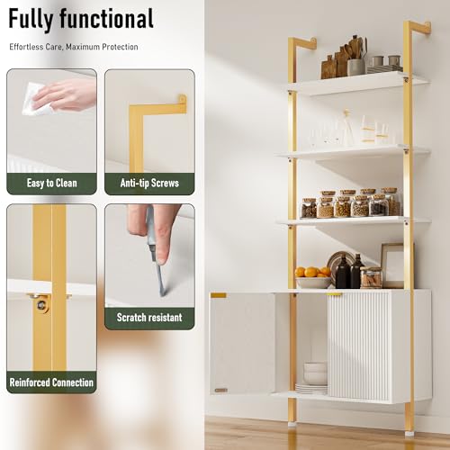 74" Tall Bookshelf with Storage Cabinet, Modern Ladder Shelf with Wood and Metal Frame, Wall Mount Bookcase Open Display Shelf Furniture for Living Room, Bedroom, Home Office, Gold - color: White & Gold