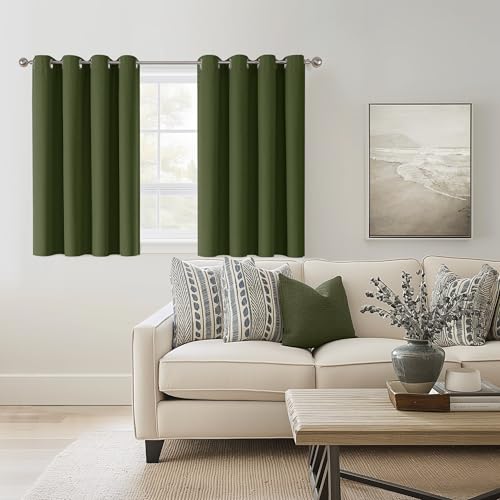 ChrisDowa Olive Green Blackout Curtains 45 Inches Long 2 Panels for Bedroom | Room Darkening,Light Blocking,Thermal Insulated,Faux Linen,Farmhouse,Grommet,Window Treatment,Drapes,Living Room,52x45 - color: Olive Green, size: 52"W x 45"L (Pack of 2)