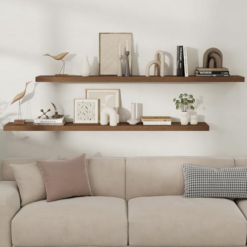 Fun Memories Floating Shelves for Wall, 66 Inch Long Set of 2 Rustic Wood Wall Shelves with Invisible Brackets, Heavy Duty Storage Display for Living Room Bedroom Kitchen, Walnut - color: Walnut Brown, size: 66"W x 8"D, Set of 2