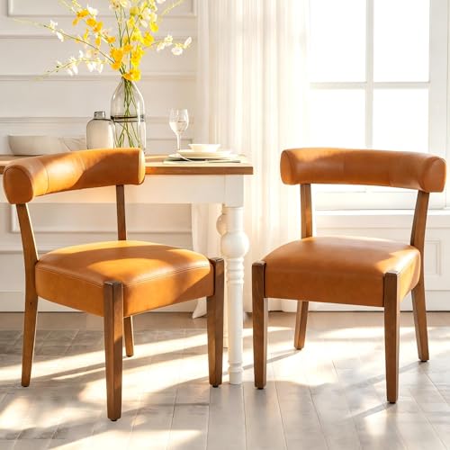 RNKSFX Modern Dining Chairs Set of 2, Faux Leather Upholstered Kitchen & Dining Room Chairs, Mid Century Modern Wooden Dining Chairs Oversized Sturdy Rounded Chairs Curved Back, Brown - color: Brown