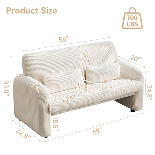 WUTUTUEE 56'' Corduroy Loveseat Sofa, 2 Seater Love Seat Couch for Small Space, Comfy Upholstered Modern Leisure Loveseat Couches with Lumbar Pillows for Bedroom, Office, Living Room, White - color: White, size: 1 Loveseat