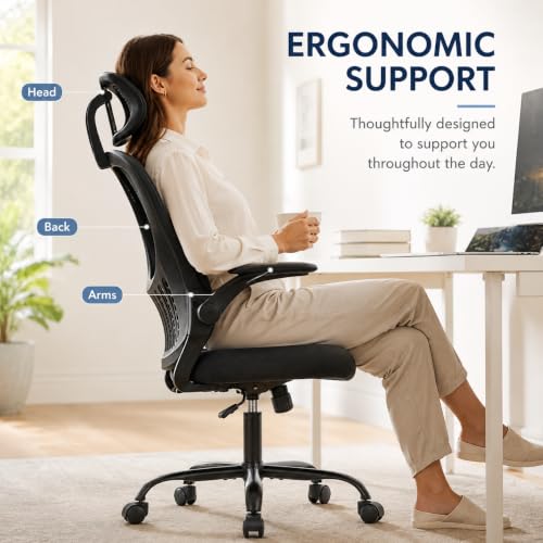 Black Ergonomic Office Chair, High Back Mesh Desk Chair with Adjustable Headrest Lumbar Support, Computer Chairs with Flip-up Armrests and Thickened Cushion for Adults Home Office, 360° Swivel - color: Black With Headrest
