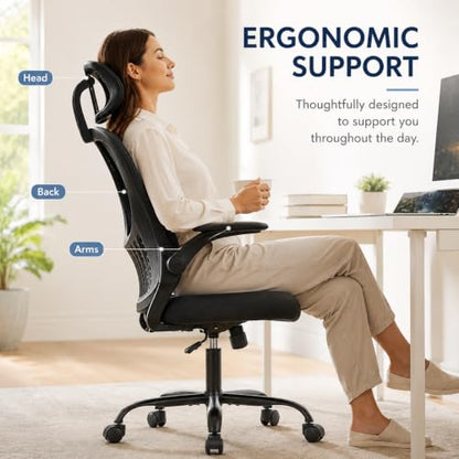 Black Ergonomic Office Chair, High Back Mesh Desk Chair with Adjustable Headrest Lumbar Support, Computer Chairs with Flip-up Armrests and Thickened Cushion for Adults Home Office, 360° Swivel - color: Black With Headrest
