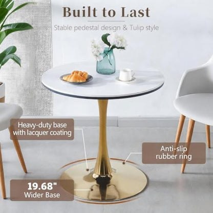 31.5" Round Dining Table, Sintered Stone Tulip Table with Gold Metal Pedestal Base, Modern Leisure Dining Table for Small Space, Kitchen, Dining Room (White and Gold) - color: White and Gold