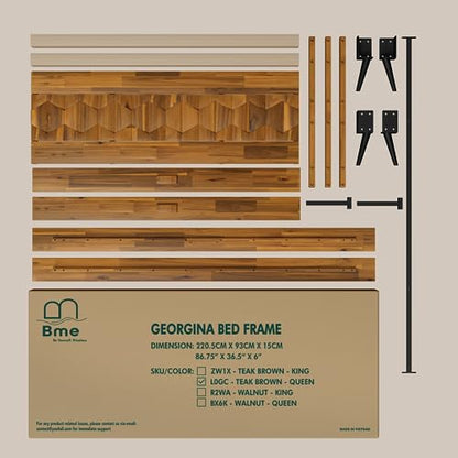 Bme Georgina Queen Bedframe, Geometric Headboard, Mid Century, Teak Brown - color: Teak Brown, size: Queen, style: Bed Frames