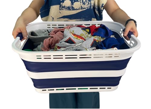 SAMMART 42L (11 Gallons) Collapsible Plastic Laundry Basket - Foldable Pop Up Storage Container/Organizer - Portable Washing Tub - Space Saving Hamper/Basket [BPA Free] (White/Starry Blue (Set of 2)) - color: White/Starry Blue (Set of 2)