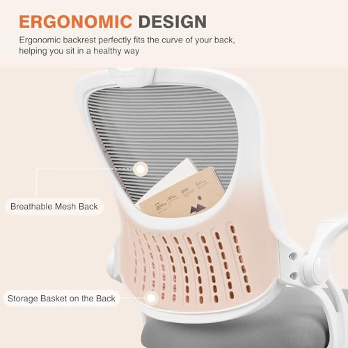 Sweetcrispy Computer Desk Chair, Mesh Office Chair with Lumbar Support | Ergonomic High-Back, Rolling Work, Adjustable Headrests, Flip-up Arms, Home Bedroom Study, Grey - color: Grey, style: Flip-up Armrest
