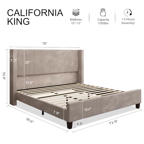 California King Size Bed Frame with Corduroy Wingback Headboard, Taupe | Modern Upholstered Platform Bed, 50.8 Inch Tall Profile, Solid Wood Slats, No Box Spring Needed, Noise-Reducing Designrt - color: Taupe, size: California King