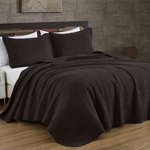 Chezmoi Collection Kingston Queen Size Bedspread Set, 3-Piece Brown Oversized Quilted Microfiber Lightweight Bedspread Coverlet (100"x106") for All Seasons - color: Brown, size: Queen