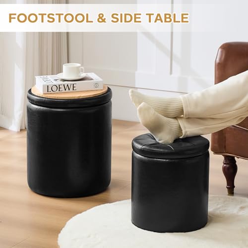 oakvivo Round Ottoman with Storage Set of 2, 12.6" W x 14.17" H & 14.76" W x 17.32" H Faux Footstool Storage Ottomans for Bedroom, Living Room Padded Coffee Table Ottomen, Black - color: Black