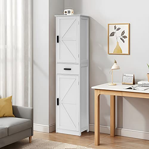 WEENFON Tall Bathroom Cabinet, Storage Cabinet with 6 Shelves & Drawer, Bathroom Storage Cabinet with Adjustable Shelves, Tall Cabinet for Living Room, Home Office, White - color: White