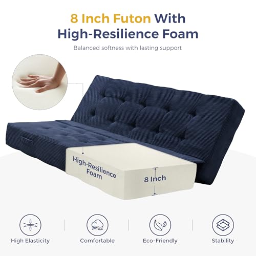 MAXYOYO Foldable Mattress, 8-Inch Tufted Futon Mattress with Handles | Tufted Floor Sofa Bed and Versatile Mattress, Carry Handles for Living Rooms or Guest Rooms, Frame Not Included, Navy - color: Navy