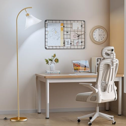 Gold Floor Lamp with Remote, Dimmable Glass Arc Standing Lamp, Ribbed Frosted Glass Shade, 3 Color Temperatures, Foot Switch, 9W LED Bulb for Living Room Bedroom Office - color: Gold