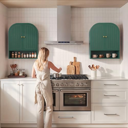 Arched Wall Mounted Medicine Cabinet, 23.5" Bathroom Cabinet with Double Doors, Fluted Grooved Design & Soft-Close Hinges, Over the Toilet Storage with Adjustable Shelf for Small Spaces (Green)