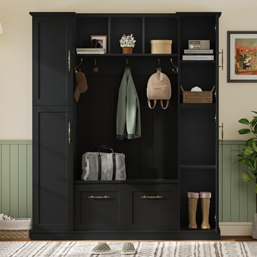 JIVOIT Farmhouse Hall Tree with 4 Side Cabinets, Adjustable Shelves & Open Cubbies, All-in-One Mudroom Furniture, Beadboard Entryway Bench with Coat Rack & 5 Hooks for Hallway (Black,152) - color: Black,152