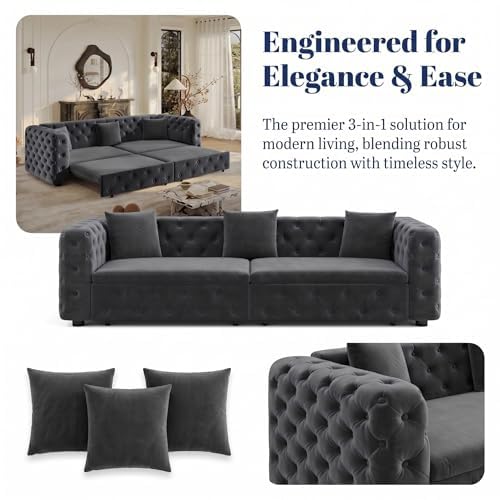 89" 4-Seater Queen Size Pull Out Sofa Bed with 3 Pillows, Gray | 4-Seater Classic Velvet Sofa with Tufted Design,3 Pillows,89" Extra Large 3-in-1 Pull Out Sofa - color: Q-dark Gray-w02