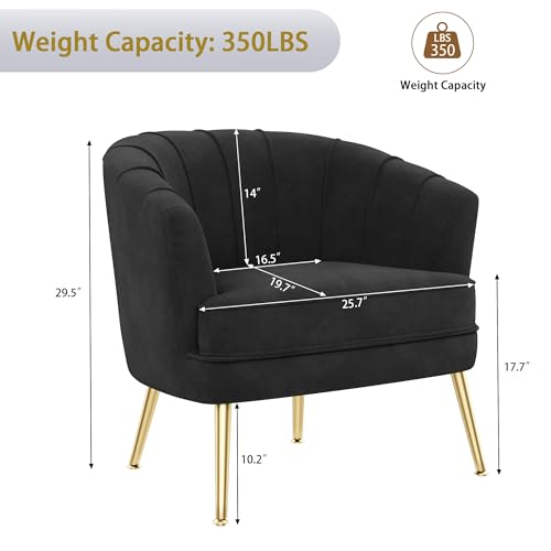 Velvet Accent Chair, Barrel Armchair, Black | Velvet Upholstery, Golden Metal Legs, Comfy Barrel Back, Modern Style, Living Room Bedroom Office - color: Black, size: 1 Chair