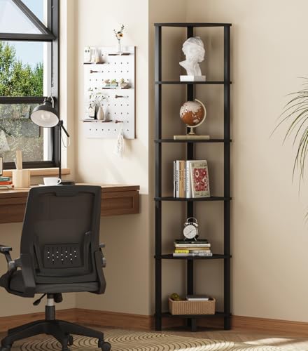 VIMBER Corner Shelf, 6-Tier Corner Bookshelf, Industrial Corner Ladder Shelf, DIY Storage Shelves, Modern Display Shelf for Living Room, Bedroom, Kitchen, Home Office, Black UJSJ004B - color: Black, size: 6-Tier without LED