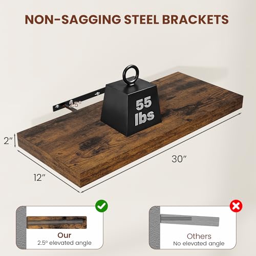 Vivelove 12 Deep Floating Shelves 30x12” Set of 2, Rustic Brown | Easy Install With Hardware, 2" Thick, Invisible Brackets, Wall Mounted, No Sagging, For Any Room - color: Rustic Brown, size: 30”wx12”dx2”h