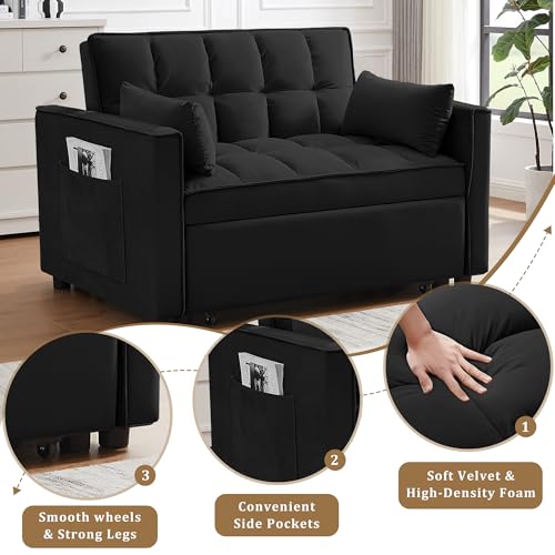 55" Pull Out Sleeper Sofa, Velvet Loveseat with Side Pockets, Black | Velvet upholstery, 5-level adjustable back, Pull-out bed design, Sturdy frame with side pockets - color: Black