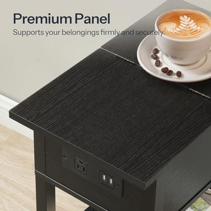 HOOBRO End Table with Charging Station, Flip Top Side Table with USB Ports, Narrow Nightstand Bedside Tables with Storage Shelves, for Small Space, Living Room, Black BK141UBZ01 - color: Black