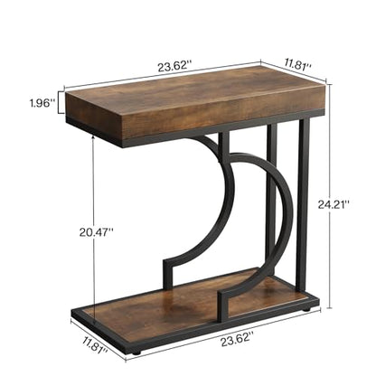 Tribesigns Narrow Side Table Set of 2, C Shaped End Table for Couch, Modern Bedside Tables with Metal Frame, Small Sofa Tables for Small Spaces, Living Room (2, Brown+Black) - color: Brown+black