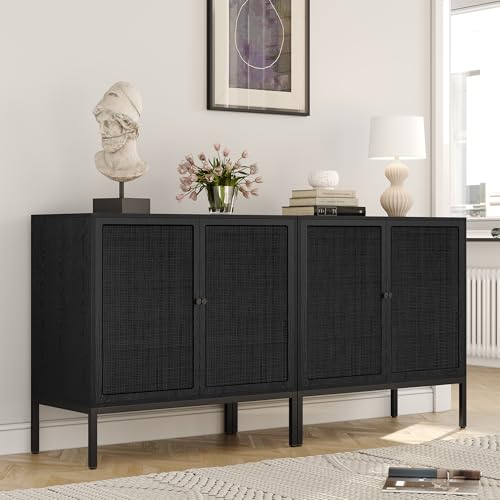63“ W Black Rattan Cabinet, Farmhouse Sideboard Cabinet with Natural Rattan Decorated Doors, Accent Cane Credenza Buffet Console Storage, for Living Room Entryway Kitchen, Metal Legs - color: Full Black, size: Square-2 pcs