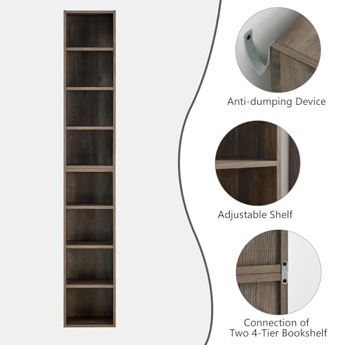 Tall Narrow Bookshelf,8-Tiers Bookcase with Adjustable Shelves,Double-Decker Combination Thin Media Tower Rack,CD DVD Slim Storage Cabinet for Living Room,Bedroom,Studio and Office (Gray, 71"H) - color: Grey