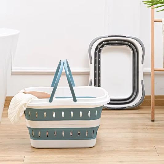 AMSHI Collapsible Laundry Basket 42L – Foldable Pop-Up Hamper with Handles, Space-Saving Design for Bedroom, Bathroom, Dorm Room & Small Apartments, Grey/White
