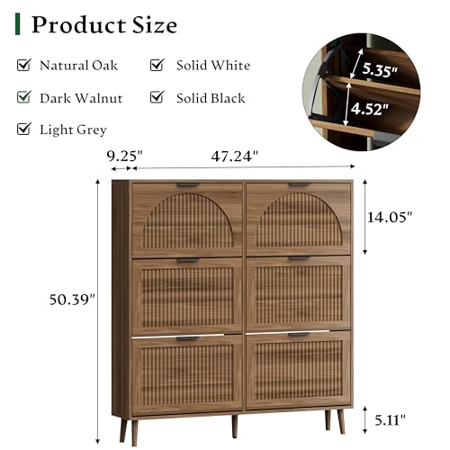 Xixini Shoe Storage Cabinet with 6 Flip Drawers, 50" Tall Narrow Wood Fluted Shoe Organizer for Entryway, Freestanding Wooden Hidden Slim Shoe Rack for Front Door Entrance, Hallway, Foyer, Dark Walnut - color: Dark Walnut, size: 6 Flip Drawers