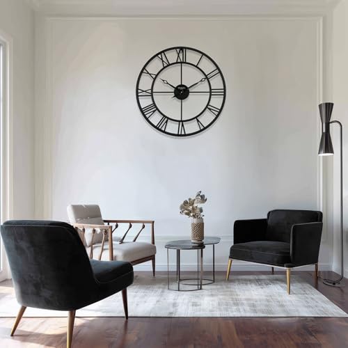 24 Inch Wall Clocks for Living Room Decor,Roman Numeral | Silent Non Ticking,Battery Operated,Durable Black Metal Wall Clock for Dinning Room, Entryway & Home Office - size: 24 Inch