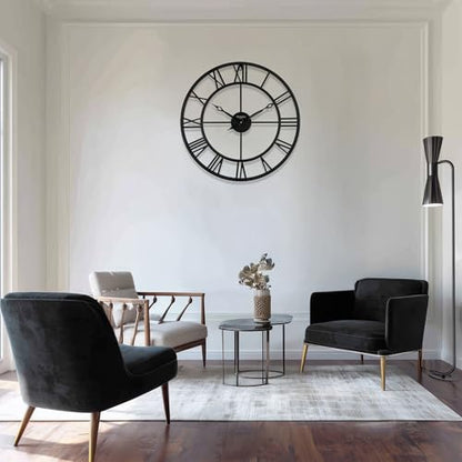 24 Inch Wall Clocks for Living Room Decor,Roman Numeral | Silent Non Ticking,Battery Operated,Durable Black Metal Wall Clock for Dinning Room, Entryway & Home Office - size: 24 Inch