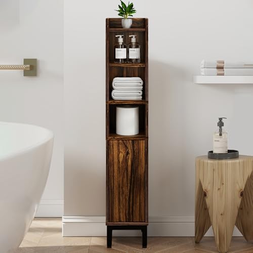Slim Bathroom Storage Cabinet Narrow Corner Cabinet for Toilet Paper | FerniTry Small Freestanding Cabinet Bathroom Organizer with Adjustable Shelf for Small Spaces Walnut 5 Tiers - color: Walnut, size: 5-Tier
