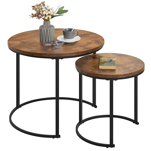 Yaheetech Small Round Nesting Coffee & Side Table Set of 2, Rustic Brown | Space-Saving Nesting Design, Engineered Wood Tops on Black Metal Frames, Use Apart as End Tables, Easy Assembly, 99 lb Max - color: Rustic Brown