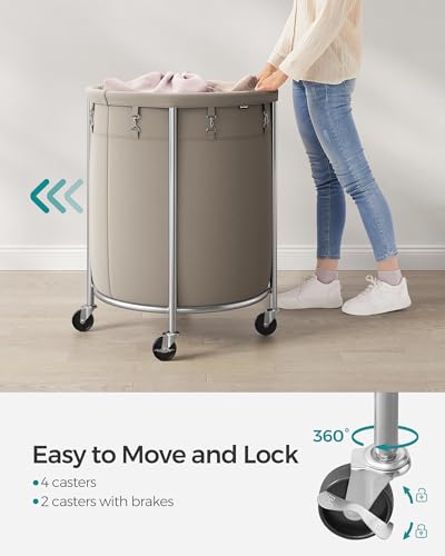 SONGMICS Laundry Basket, Rolling Steel Frame with 2 Locking Wheels, 190 L | Heavy-Duty Laundry Hamper Cart with Removable Bag, Camel Brown and Metallic Silver, URLS001N01 - color: Camel Brown + Metallic Silver, size: 190 L (1-Section)