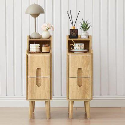 Small Nightstand Set of 2, Wood 2 Drawer Narrow Nightstand, Slim Side Table, Modern Skinny End Bedside Table, Natural Wood Night Stand with Drawers for Bedroom (Natural-2 pcs) - color: Natural-2 Pcs