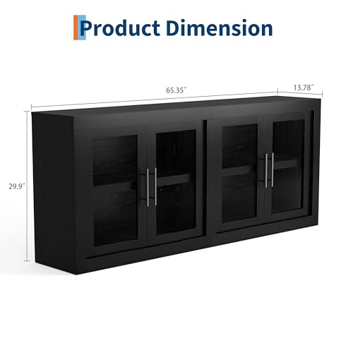 Garvee 65.32" Sideboard Buffet Cabinet, 4 Glass Doors, Black | Tempered Glass Display Doors, Mid-Century Style, Adjustable Shelves, Elegant Coffee Bar, Durable Frame, Easy Assembly - color: Black, size: 4 Glass Doors