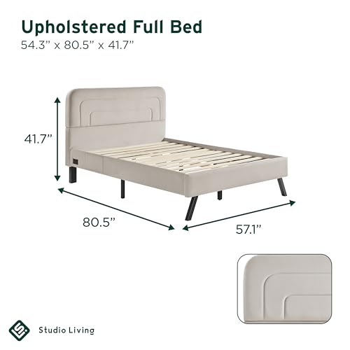 Studio Living® Adaline Upholstered Bed, Full Size, USB A + C Power, Storage Sleeve, Velvet Fabric, Light Gray - color: Light Gray, size: Full