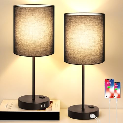 Lynnoland 2 Pack Touch Control Table Lamps with 2 USB & AC Outlet, 3-Way Dimmable Bedside Nightstand Lamps for Bedroom Living Room Nursery, 800 Lumens 3000K Warmlight Bulbs Included - color: (2 Pack)Black & Black(Base)-3000K Bulbs Included