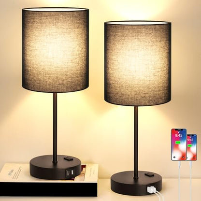Lynnoland 2 Pack Touch Control Table Lamps with 2 USB & AC Outlet, 3-Way Dimmable Bedside Nightstand Lamps for Bedroom Living Room Nursery, 800 Lumens 3000K Warmlight Bulbs Included - color: (2 Pack)Black & Black(Base)-3000K Bulbs Included