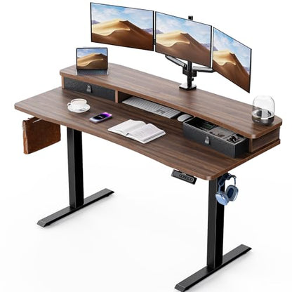 HUANUO 60″ x 30″ Electric Standing Desk with 2 Drawers, C-Clamp Mount Compatible, Height Adjustable Computer Desk, Home Office Stand Up Desk with 4 Preset Heights & 2 Hooks, Walnut - color: Walnut, size: 60" X 30"